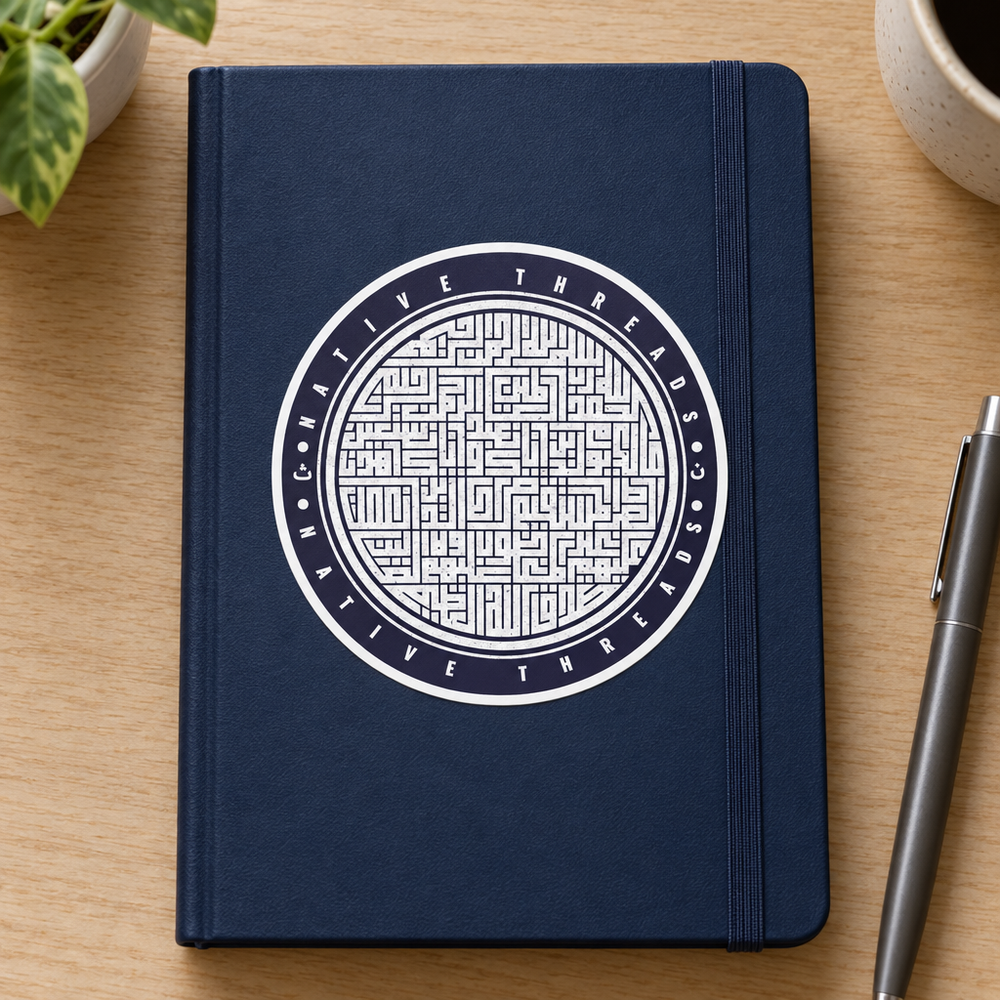 Al Fatiha sticker with circular Kufic calligraphy applied to a navy notebook.