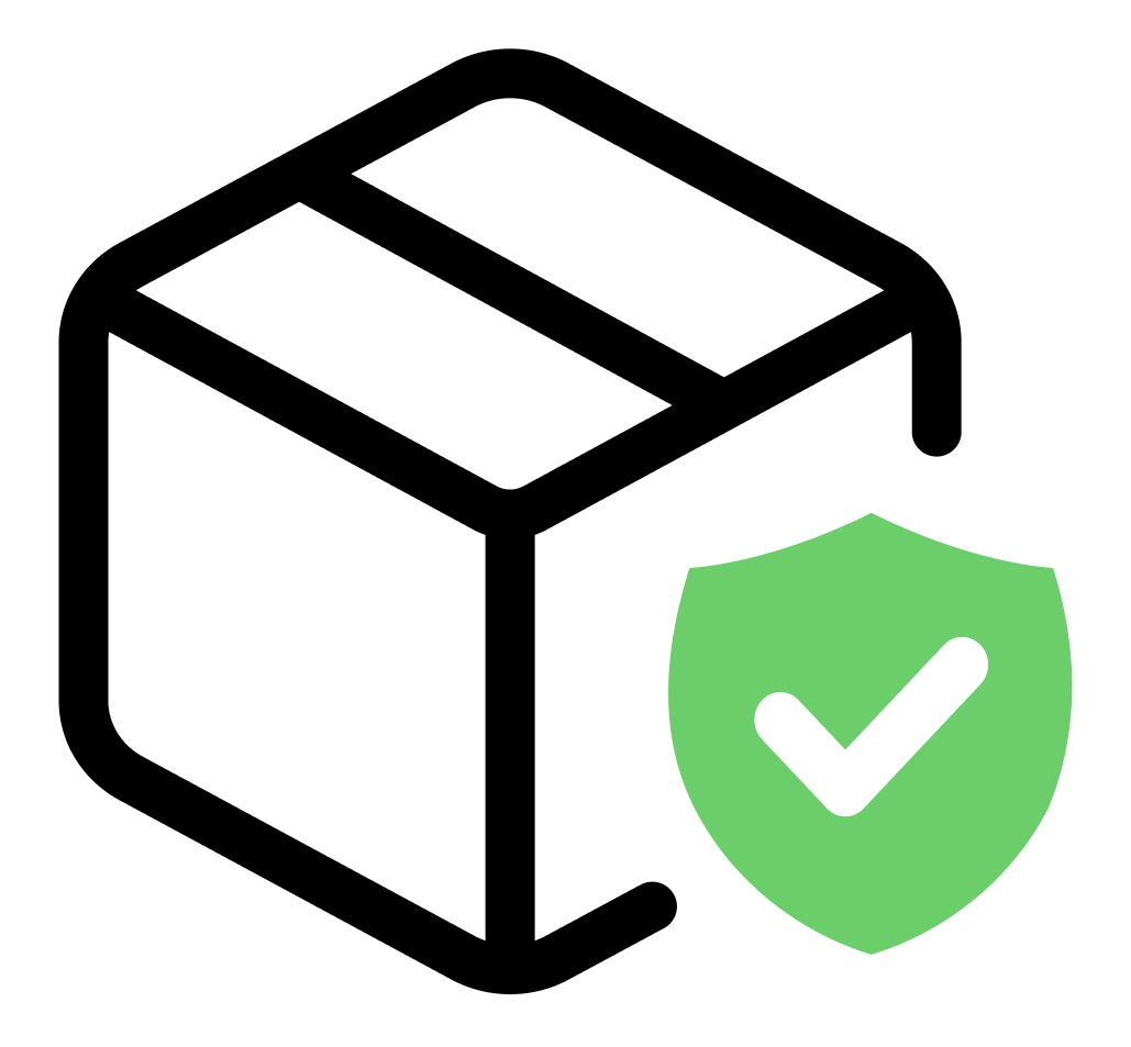 Shipping protection icon showing a parcel with a green shield and checkmark