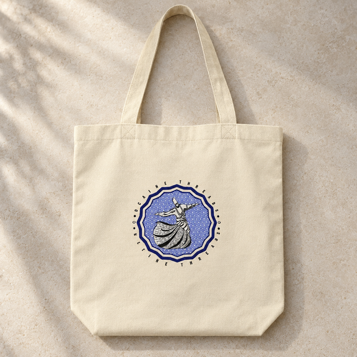Dervish Hub Tote Bag, close-up of the printed design and bag fabric.