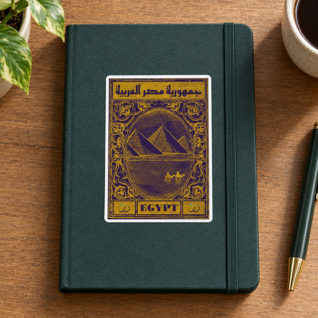Egypt Postcard Sticker, applied to a plain notebook on a desk.
