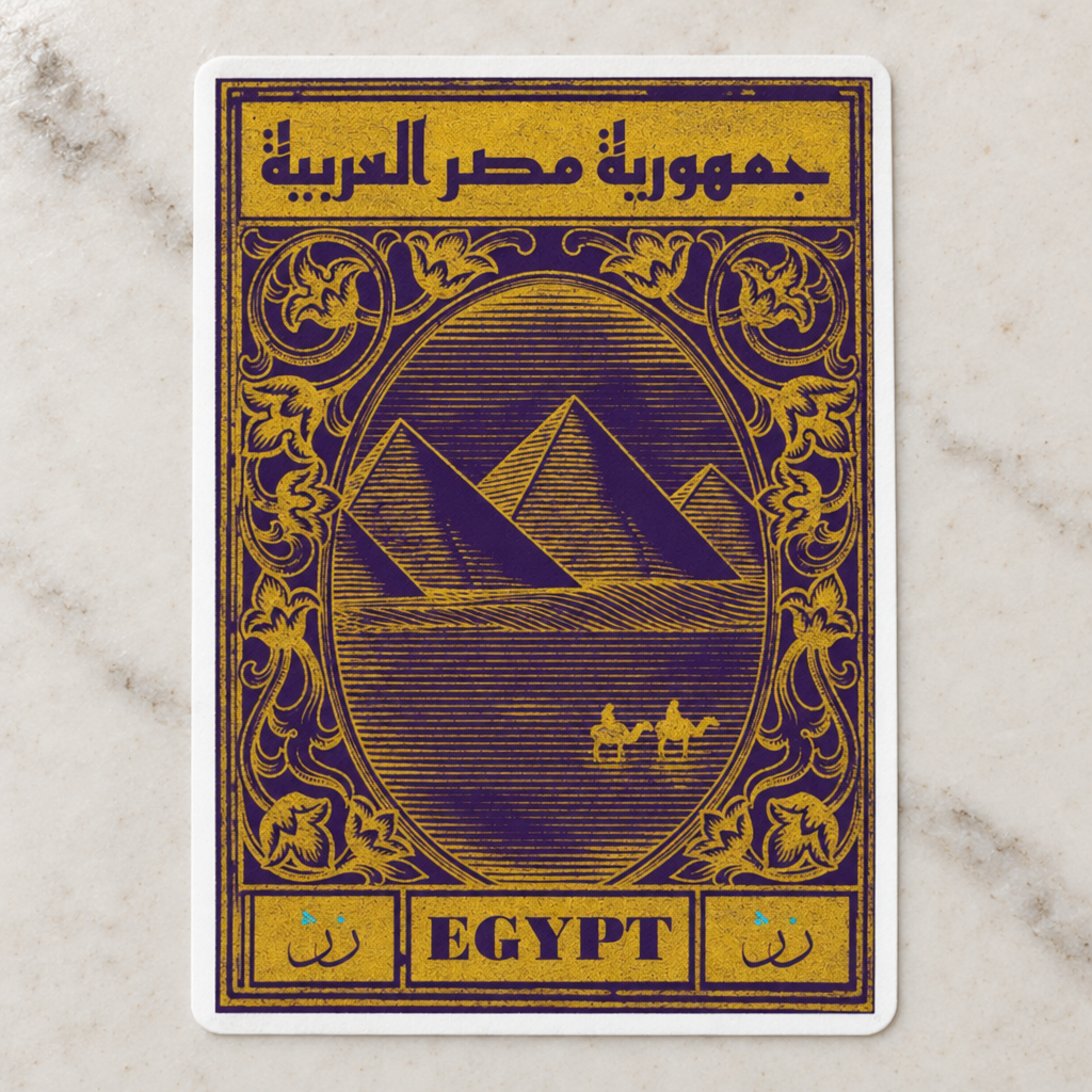 Egypt Postcard Sticker, close-up showing the artwork and cut edge.