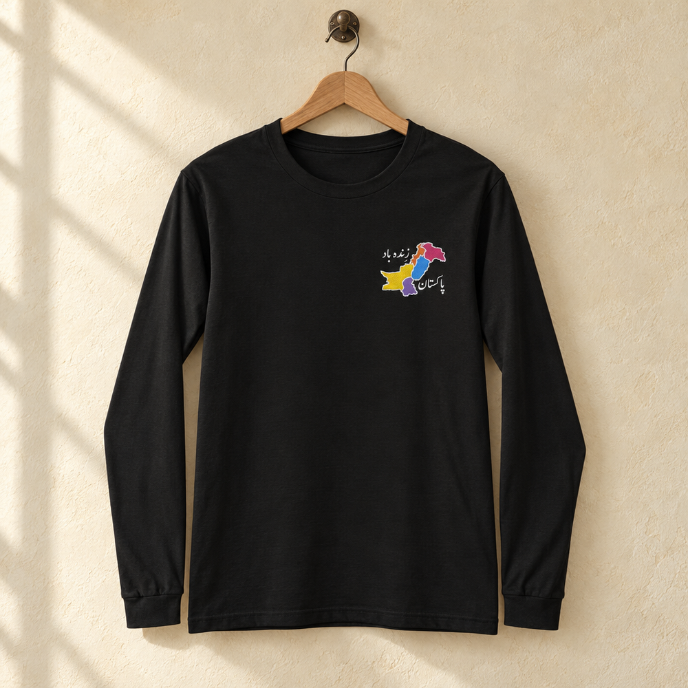 Embroidered Pakistan Zindabad Long Sleeve, hanging on a wooden hanger against a pale wall.