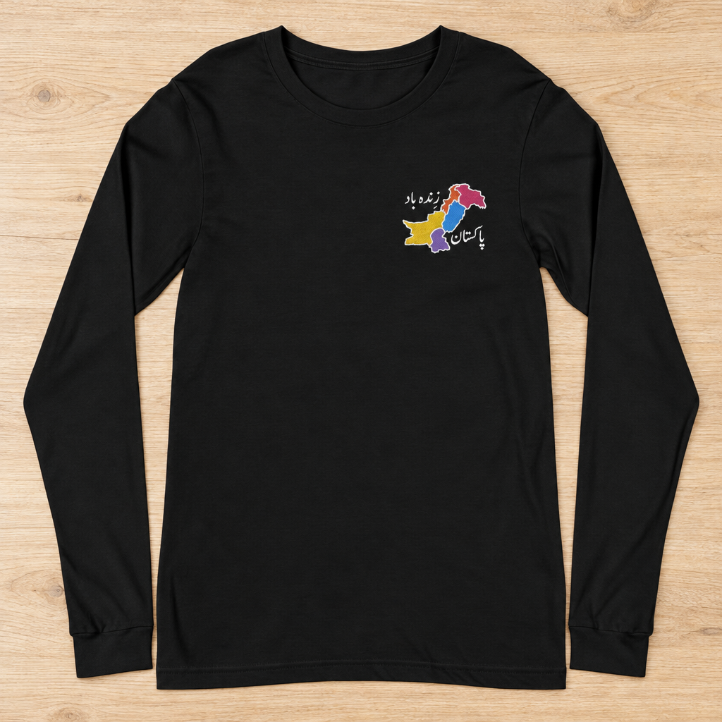 Embroidered Pakistan Zindabad Long Sleeve, laid flat on a light wooden table.