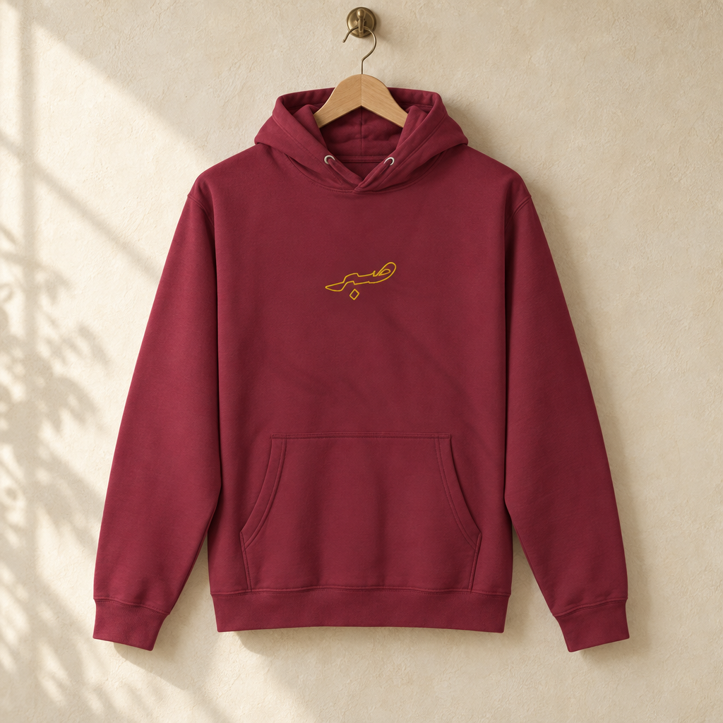 Embroidered Sabr Outline Hoodie, hanging on a wooden hanger against a pale wall.