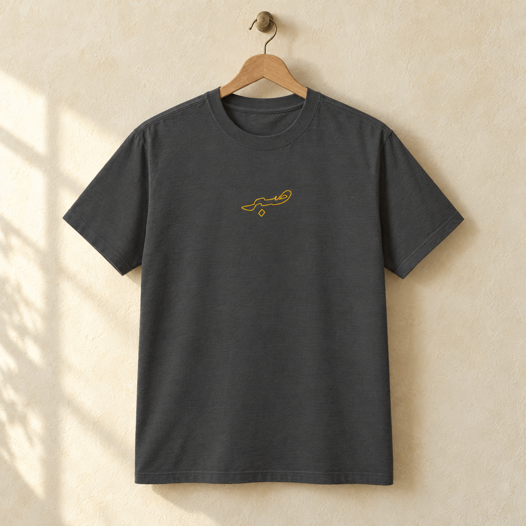 Embroidered Sabr Oversized T-shirt, hanging on a wooden hanger against a pale wall.
