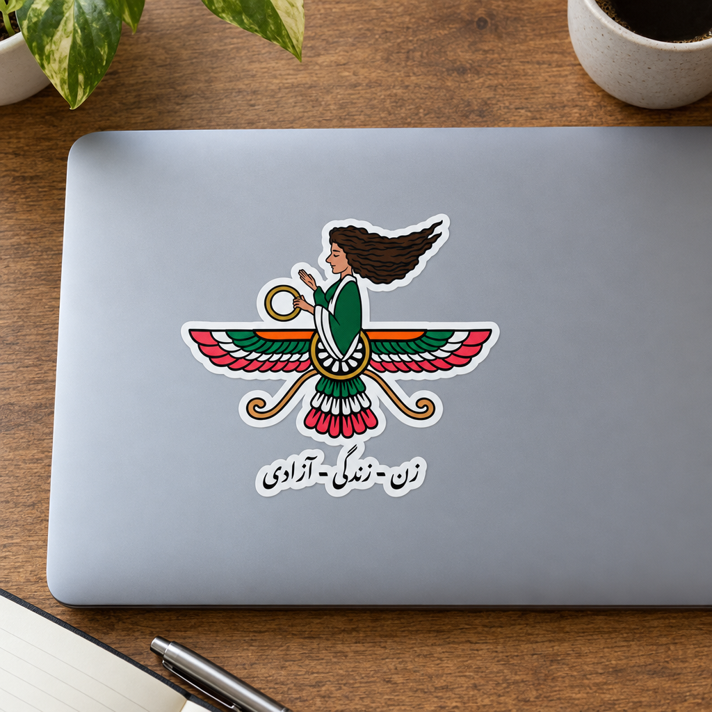 Iranian Farvahar Woman Life Freedom Sticker, applied to a closed laptop on a desk.