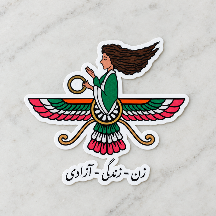 Iranian Farvahar Woman Life Freedom Sticker, close-up showing the artwork and cut edge.