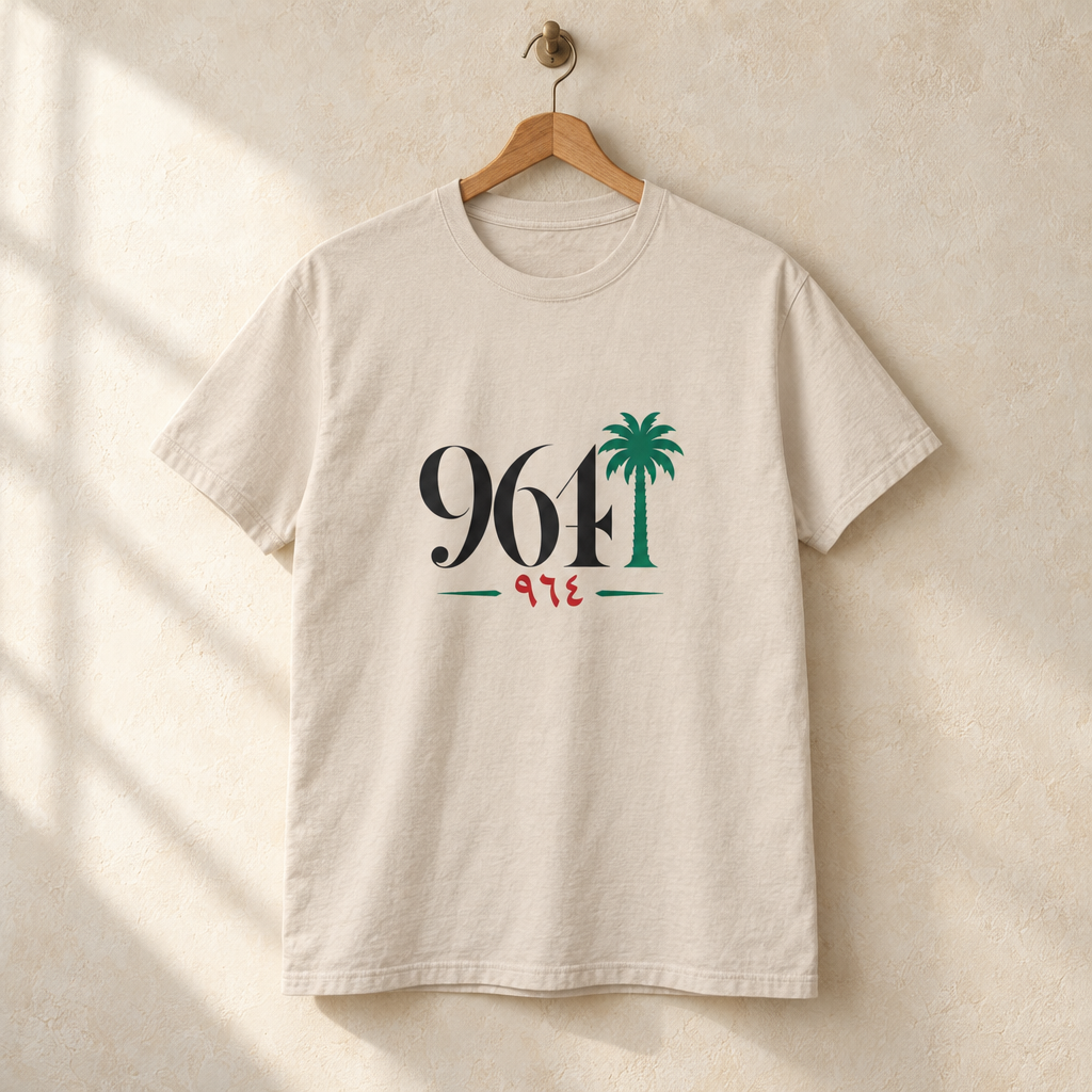Iraq Date Palm Area Code T-shirt, hanging on a wooden hanger against a pale wall.
