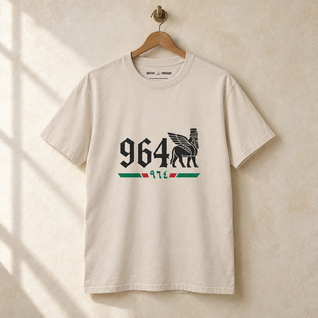 Iraq Lamassu Area Code T-shirt, hanging on a wooden hanger against a pale wall.