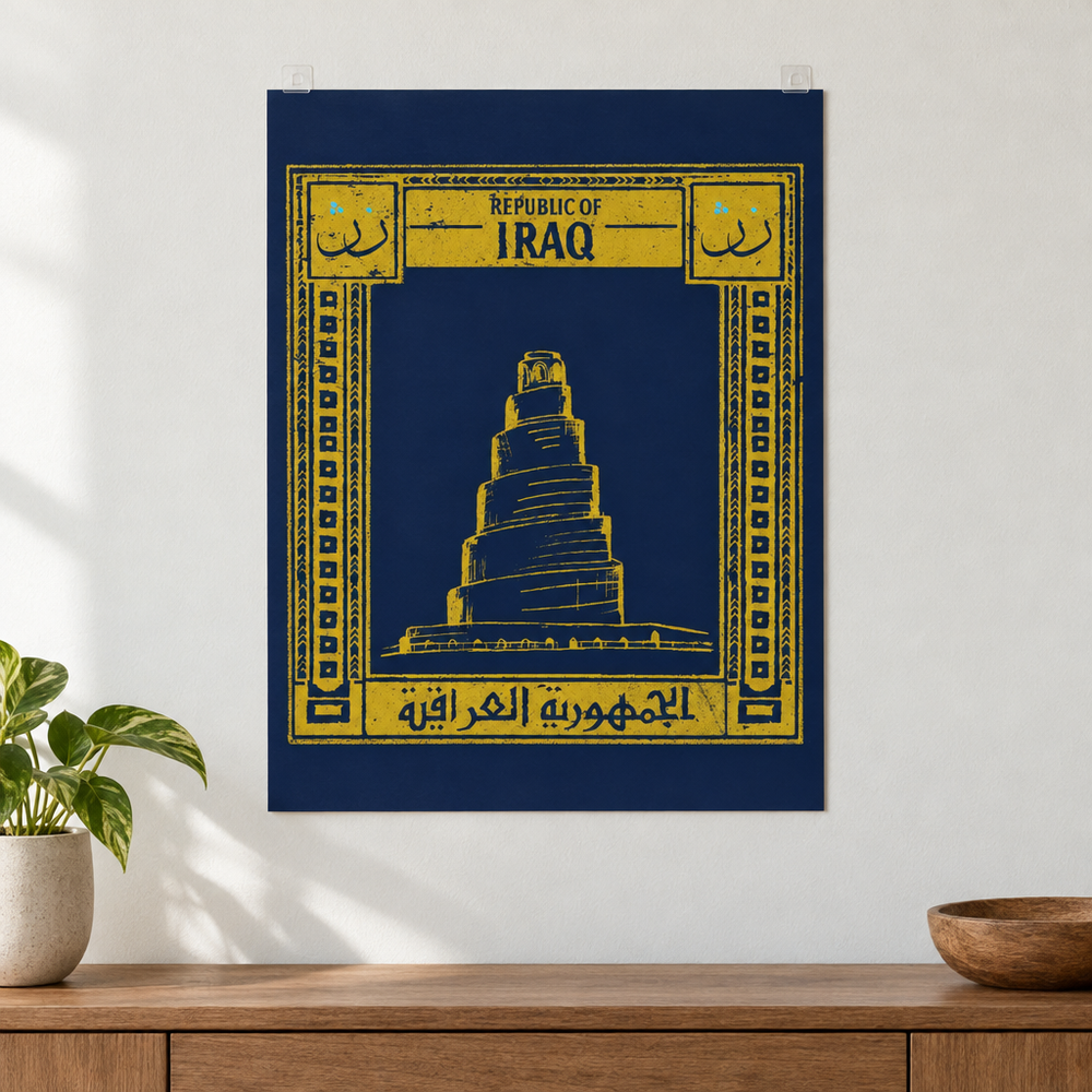 Iraq Postcard Poster, displayed unframed on a pale wall above a wooden console.