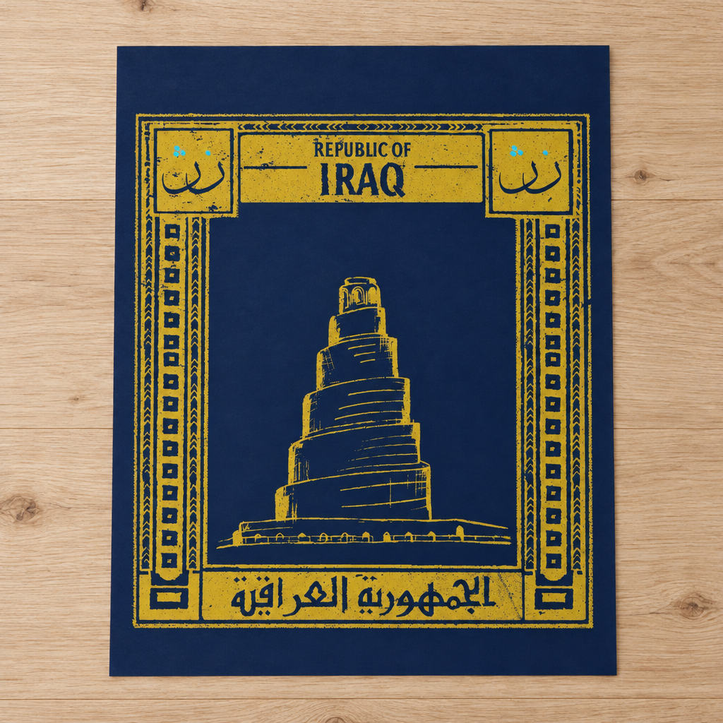 Iraq Postcard Poster, unframed paper print lying on a light wooden table.