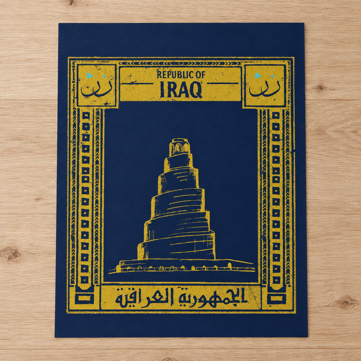 Iraq Postcard Poster, unframed paper print lying on a light wooden table.