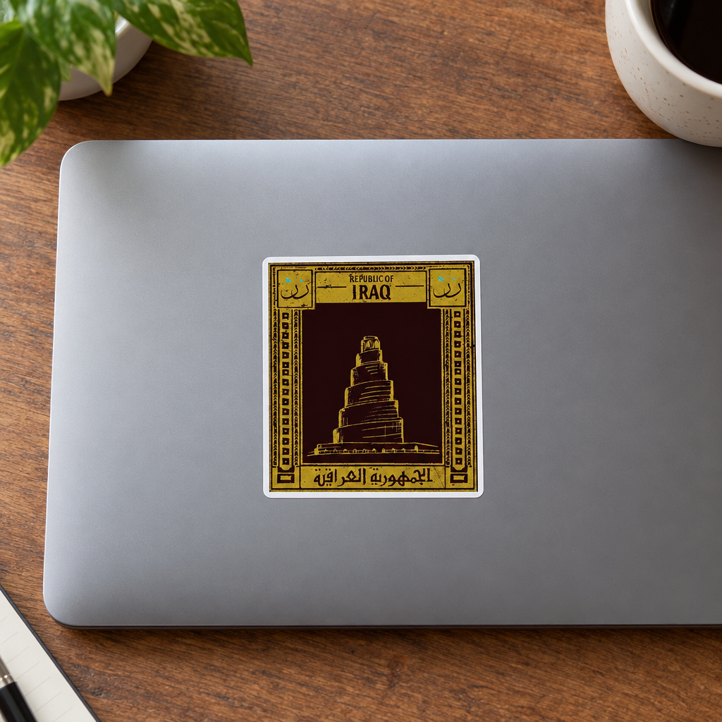 Iraq Postcard Sticker, applied to a closed laptop on a desk.