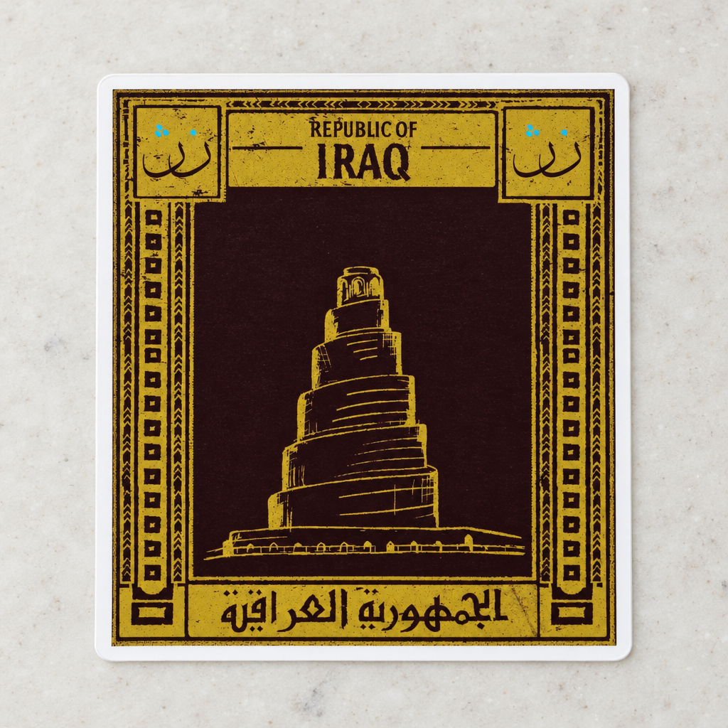 Iraq Postcard Sticker, close-up showing the artwork and cut edge.