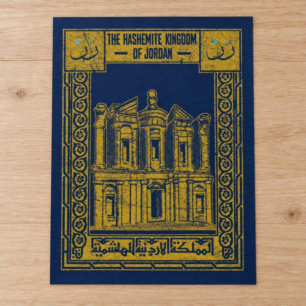 Jordan Postcard Poster, unframed paper print lying on a light wooden table.
