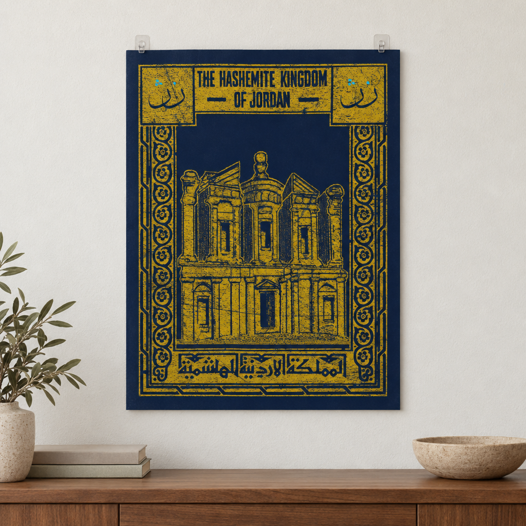 Jordan Postcard poster featuring Petra, displayed unframed on a pale wall above a wooden console.