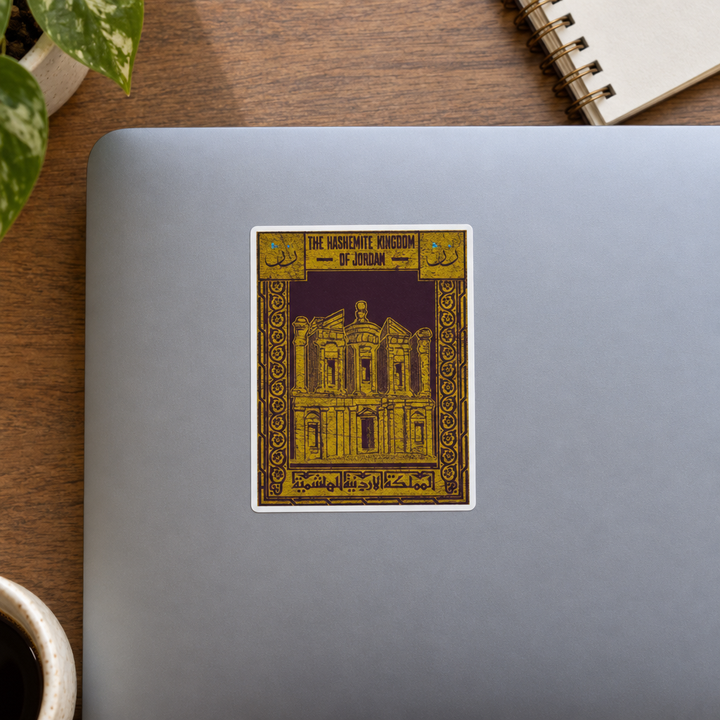 Jordan Postcard Sticker, applied to a closed laptop on a desk.