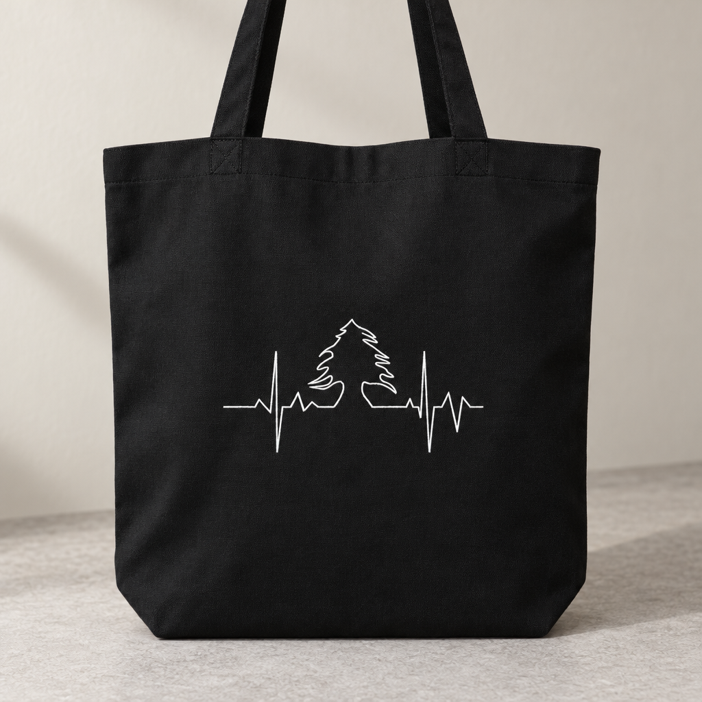 Lebanese Heart Beat Tote Bag, close-up of the printed design and bag fabric.
