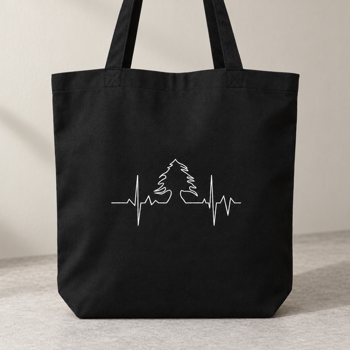 Lebanese Heart Beat Tote Bag, close-up of the printed design and bag fabric.