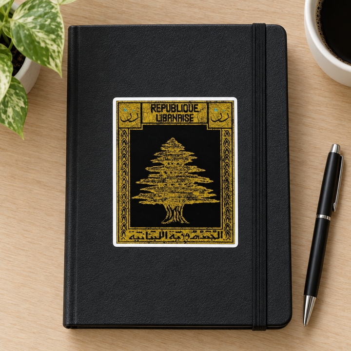 Lebanon Postcard Sticker, applied to a plain notebook on a desk.