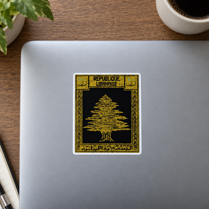 Lebanon Postcard Sticker, applied to a closed laptop on a desk.