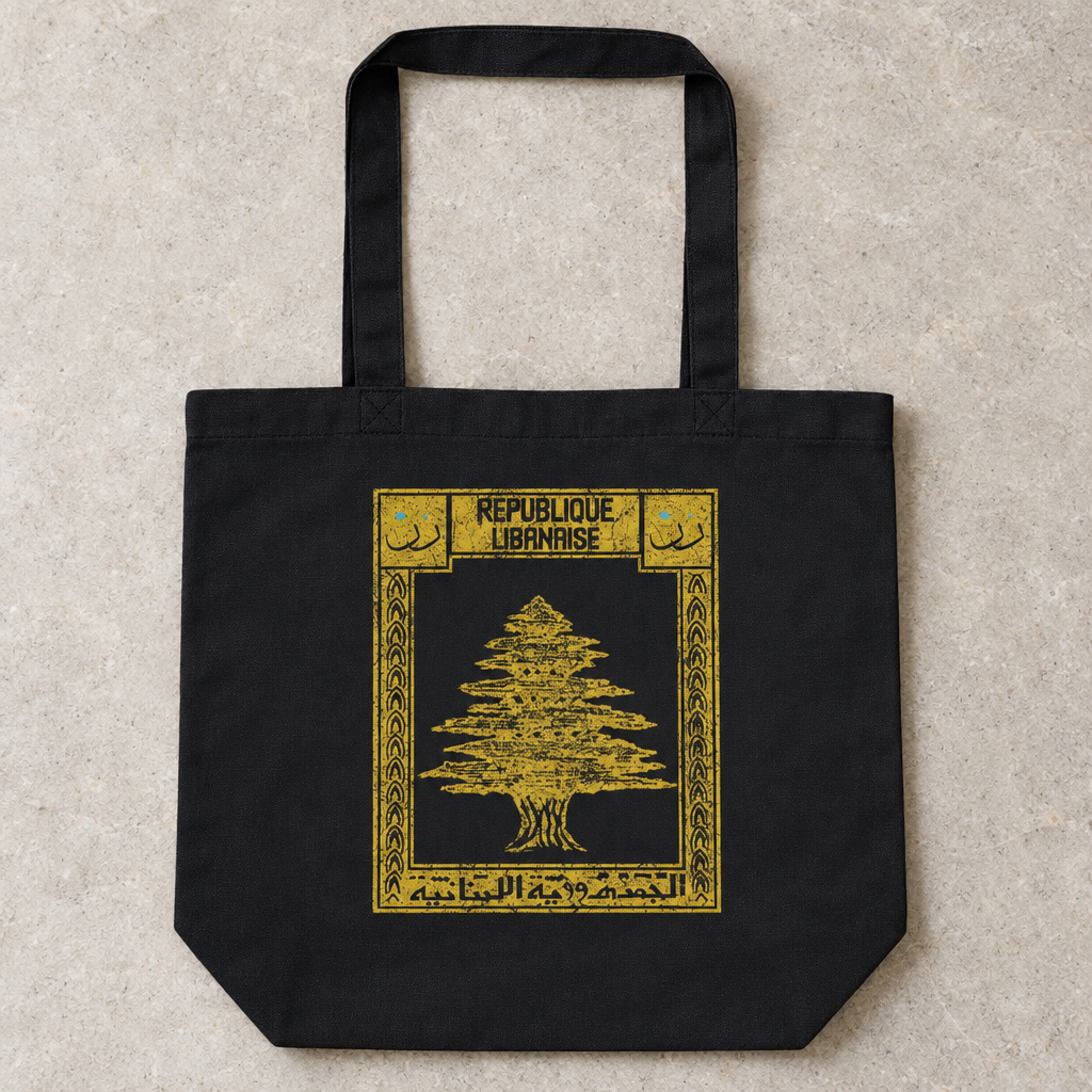 Lebanon Postcard Tote Bag, close-up of the printed design and bag fabric.