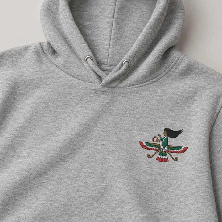 Limited Edition Embroidered Iranian Farvahar Hoodie, close-up of the chest artwork and garment fabric.