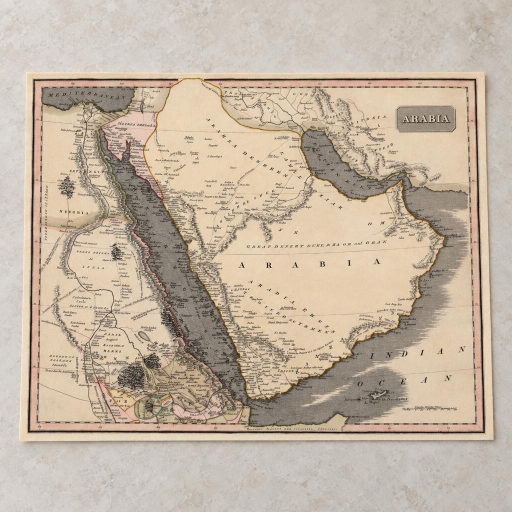 Map of Arab Peninsula and Nile Valley 1818, close-up of the printed artwork.