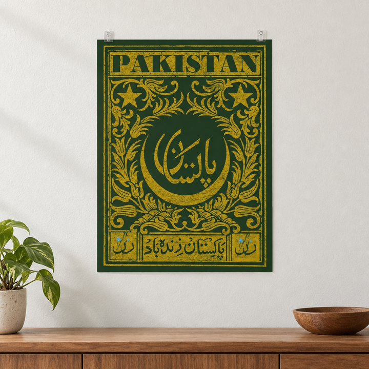 Pakistan Postcard Poster, displayed unframed on a pale wall above a wooden console.