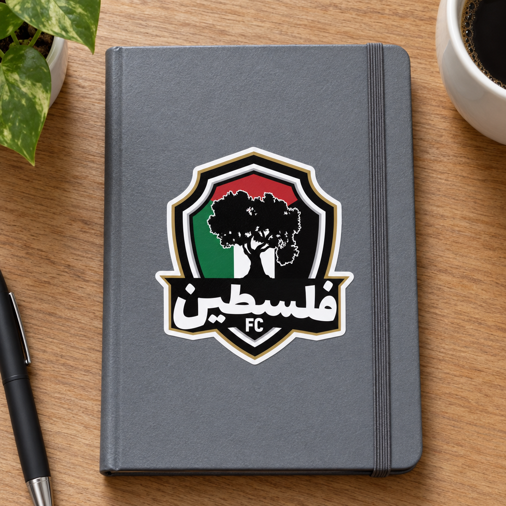 Palestine FC Sticker, applied to a plain notebook on a desk.