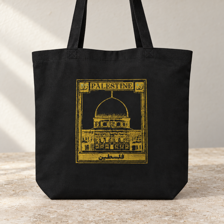 Palestine Postcard Tote Bag, close-up of the printed design and bag fabric.