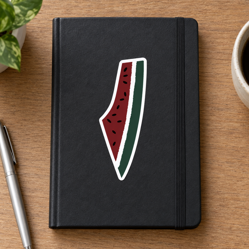 Palestine Watermelon Map Sticker, applied to a plain notebook on a desk.