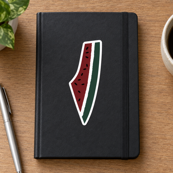 Palestine Watermelon Map Sticker, applied to a plain notebook on a desk.