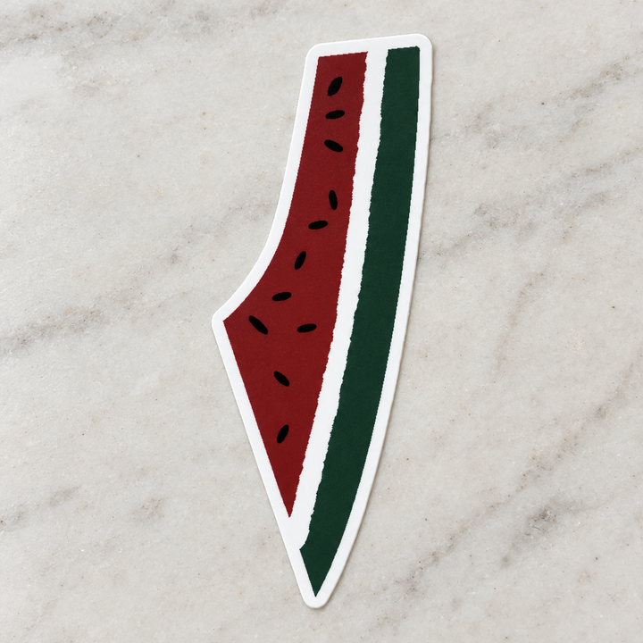 Palestine Watermelon Map Sticker, close-up showing the artwork and cut edge.