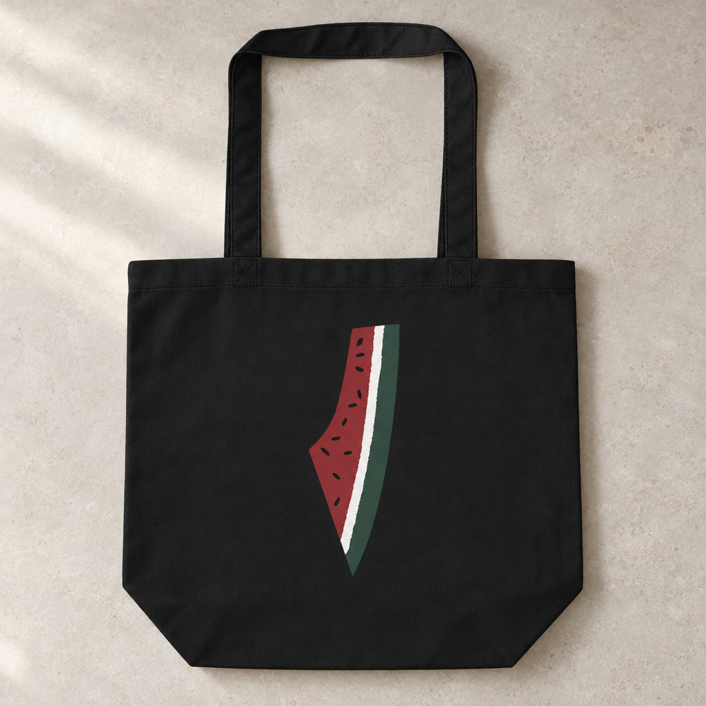 Palestine Watermelon Map Tote Bag, close-up of the printed design and bag fabric.