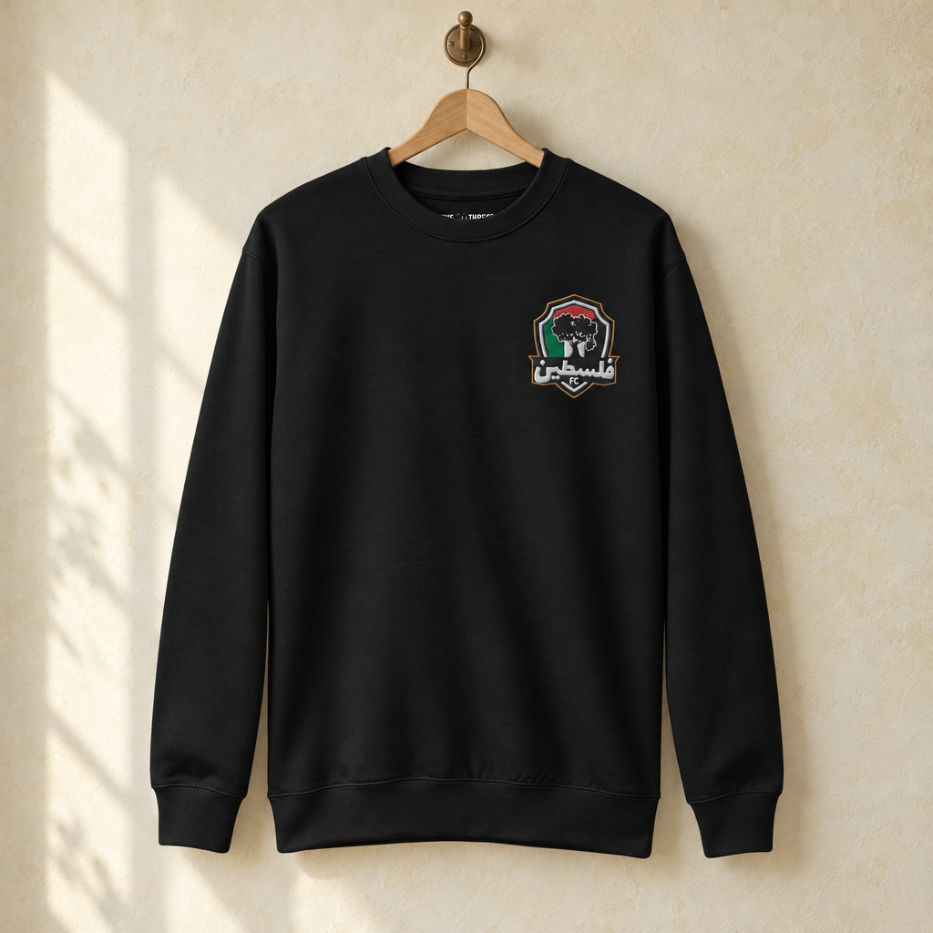 Palestine FC Sweater, hanging on a wooden hanger against a pale wall.