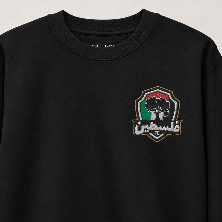 Palestine FC Sweater, close-up of the chest artwork and garment fabric.