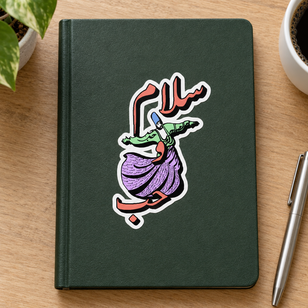 Peace and Love Sticker, applied to a plain notebook on a desk.