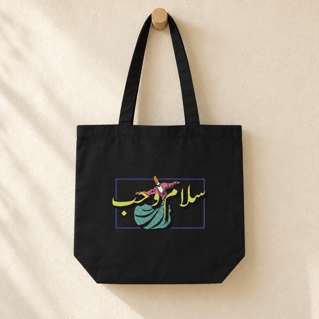 Peace and Love Tote Bag, hanging from a wooden peg with the printed front visible.