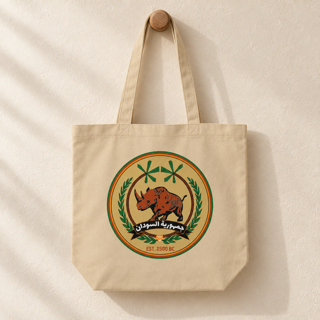 Sudan FC Eco Tote Bag, hanging from a wooden peg with the printed front visible.