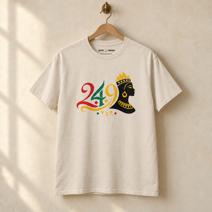 Sudan Kandaka Area Code T-shirt, hanging on a wooden hanger against a pale wall.