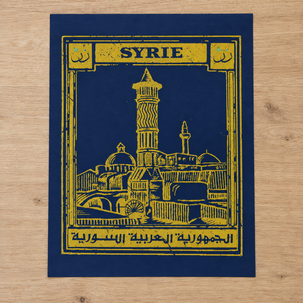 Syria Postcard Poster, unframed paper print lying on a light wooden table.