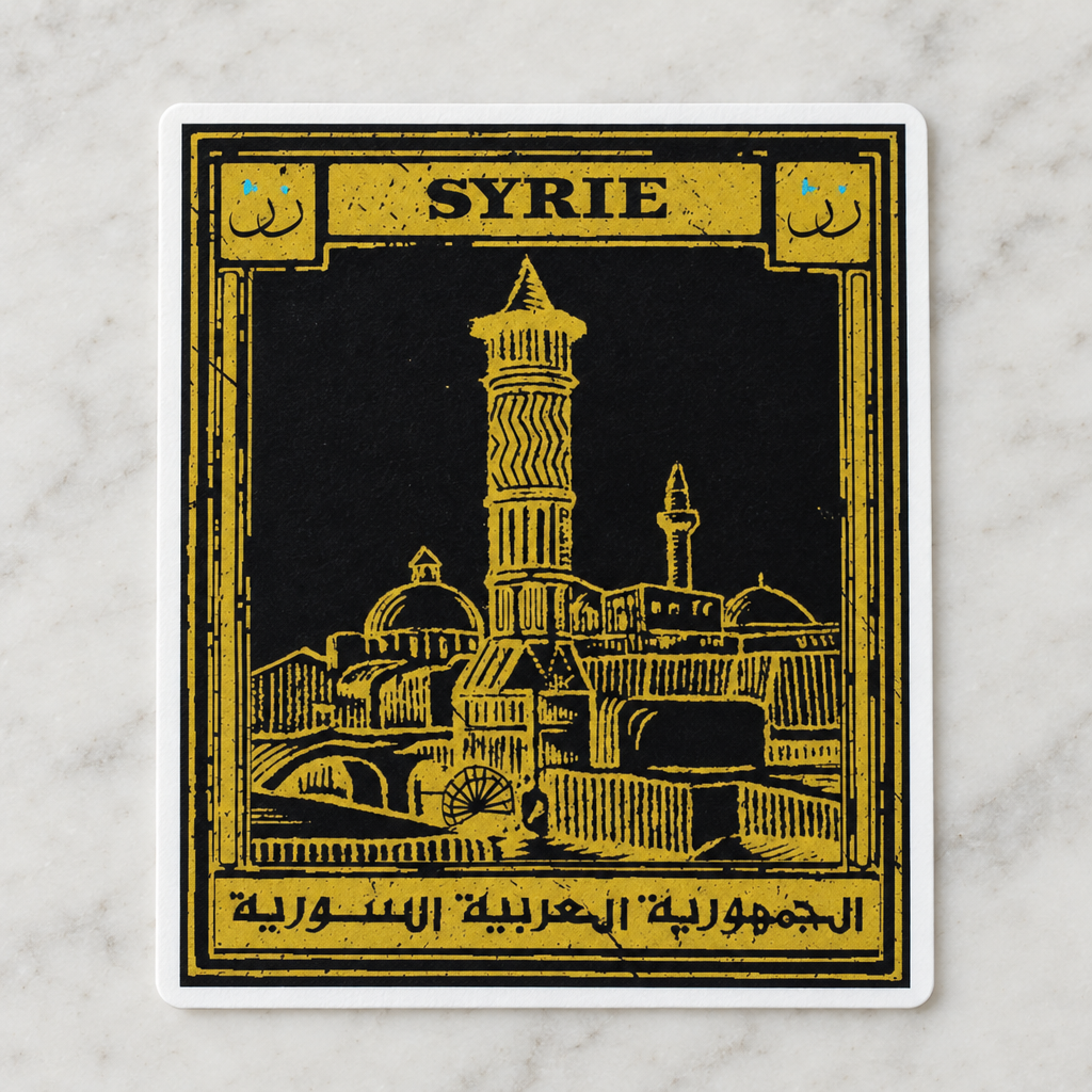 Syria Postcard Sticker, close-up showing the artwork and cut edge.